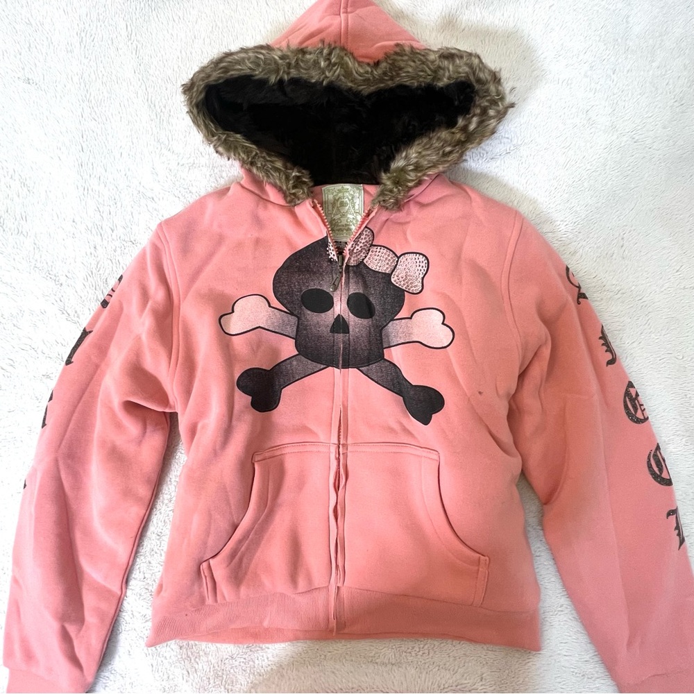 ‼️SOLD‼️ Pink Skull with Wings Zip-Up/Jacket with Fur Hood